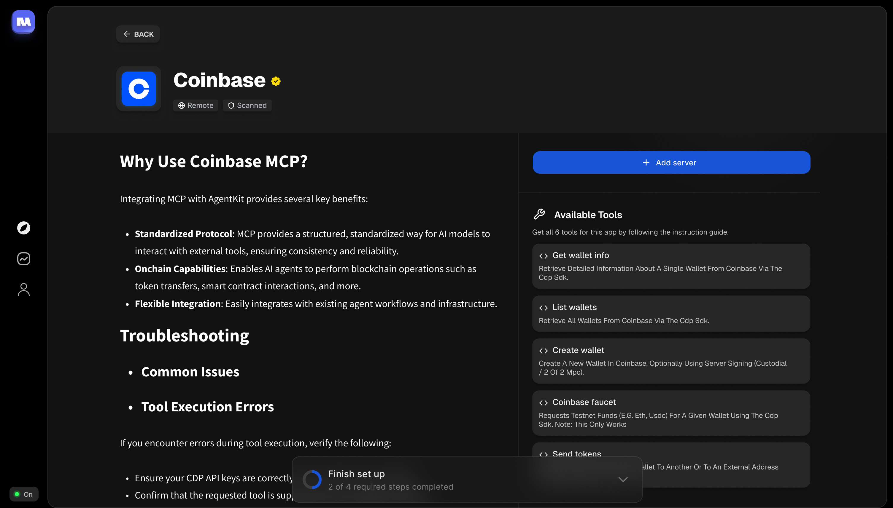 An MCP detail page in MCP Hub - why to use it, its tools, and one-click add