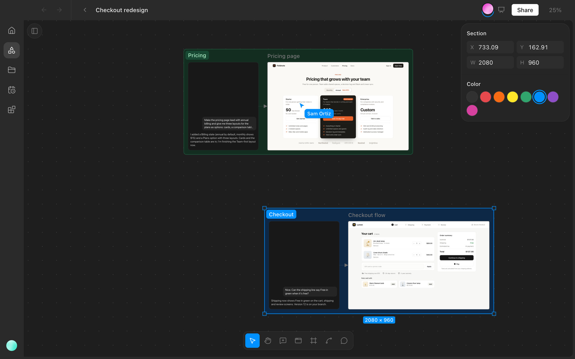 The Checkout redesign canvas with the pricing and checkout sections, a teammate's cursor, and the section panel