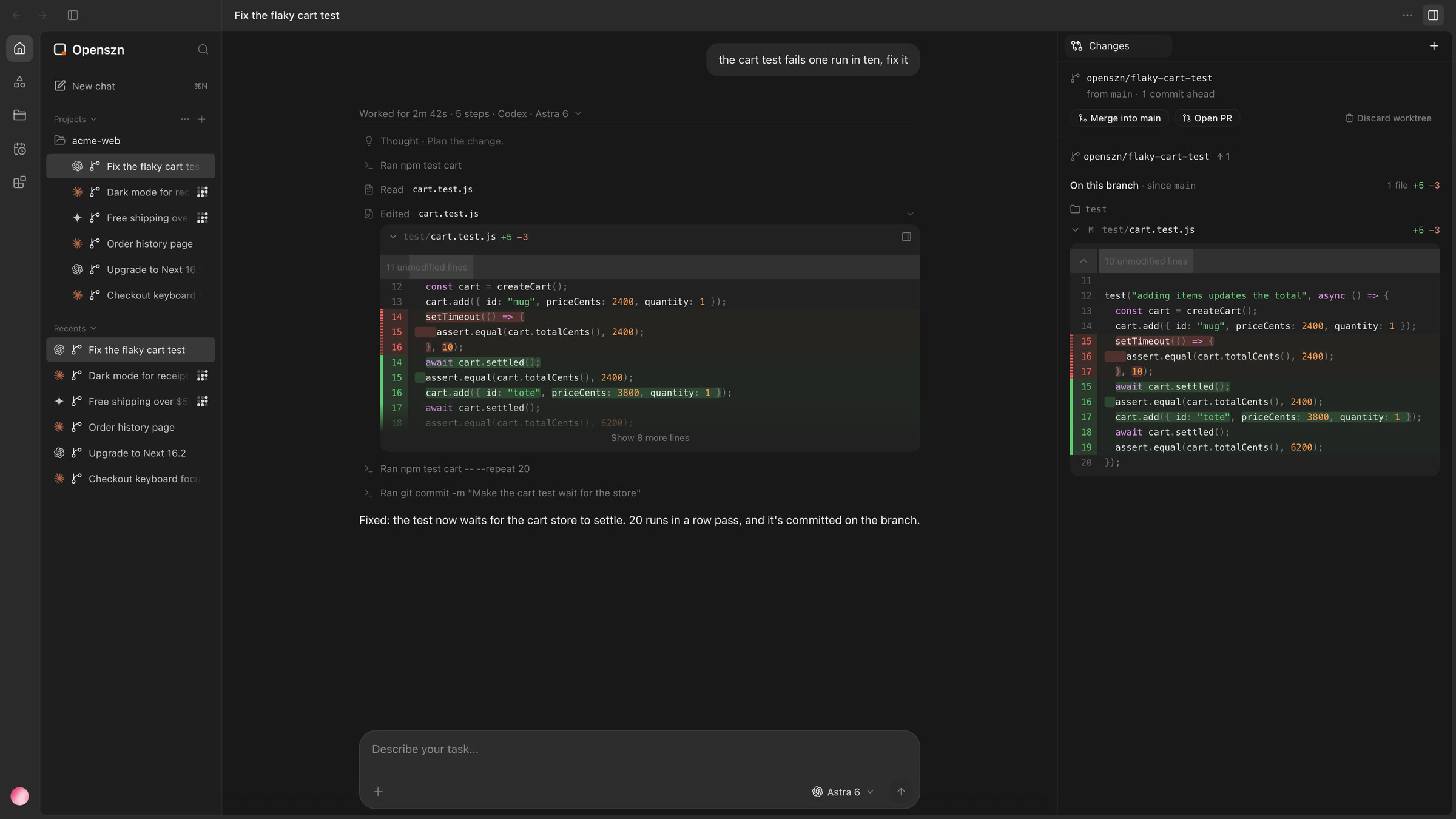 A Codex chat with its thinking, commands and an edit shown as a diff, beside the Changes panel for its branch