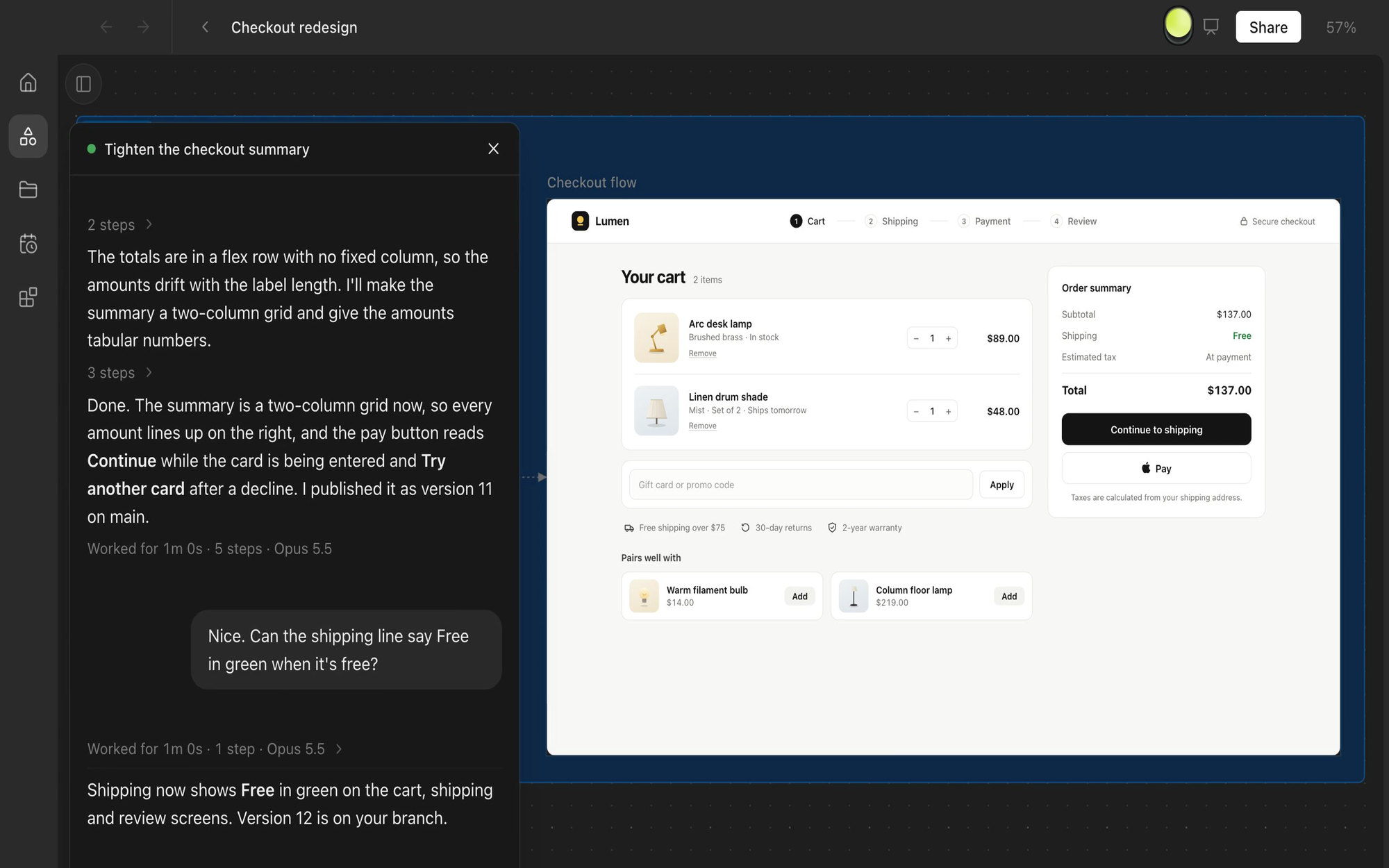 A chat open on the left of the canvas, beside the checkout prototype it built
