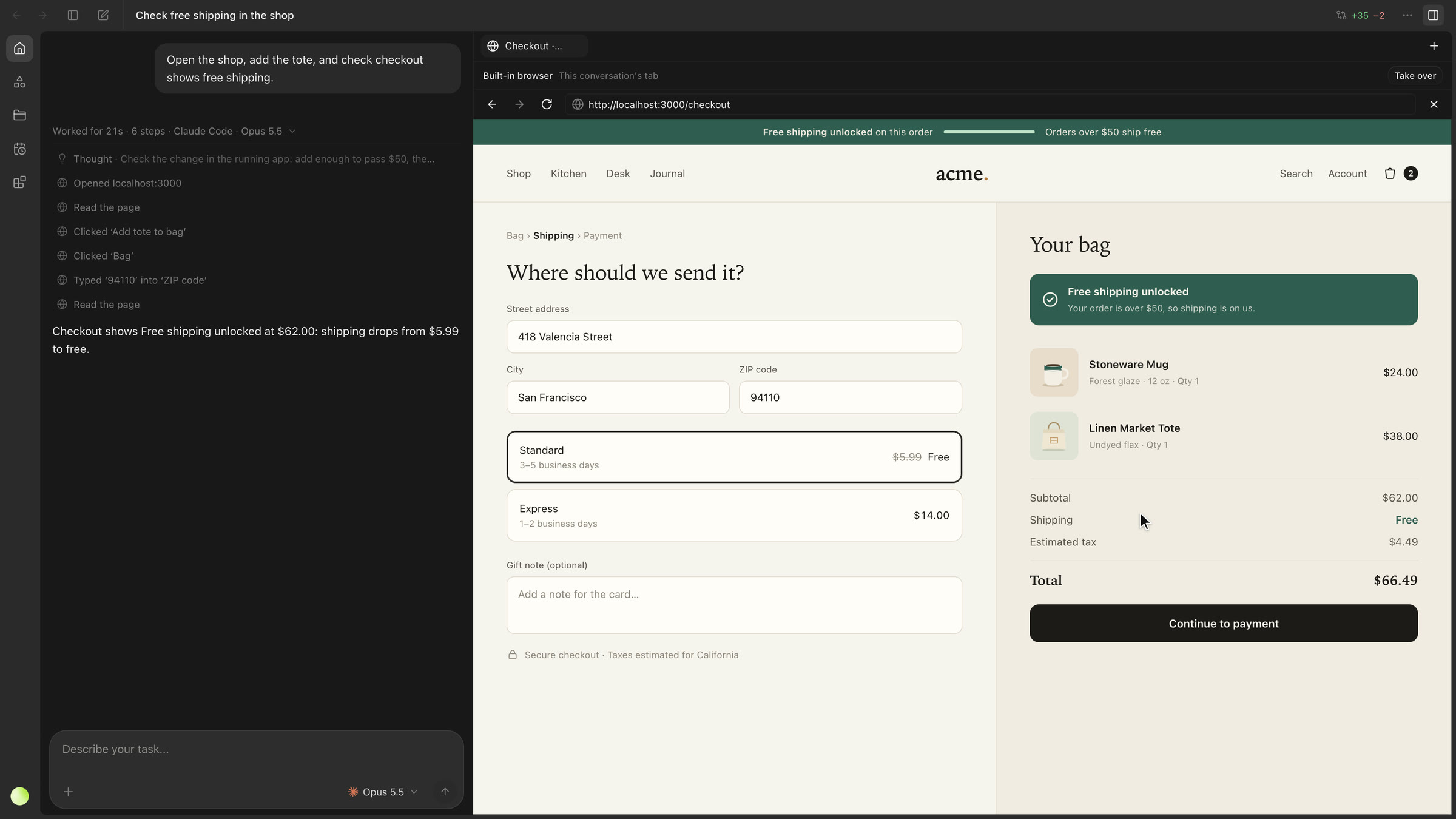 A Claude Code chat beside the built-in browser showing a store checkout with free shipping unlocked