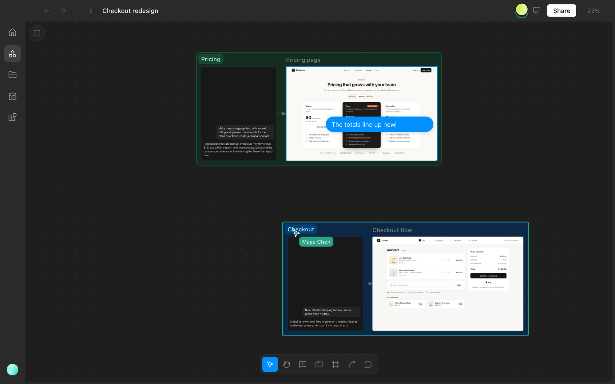 Cursor chat on the canvas, a message following a teammate's cursor