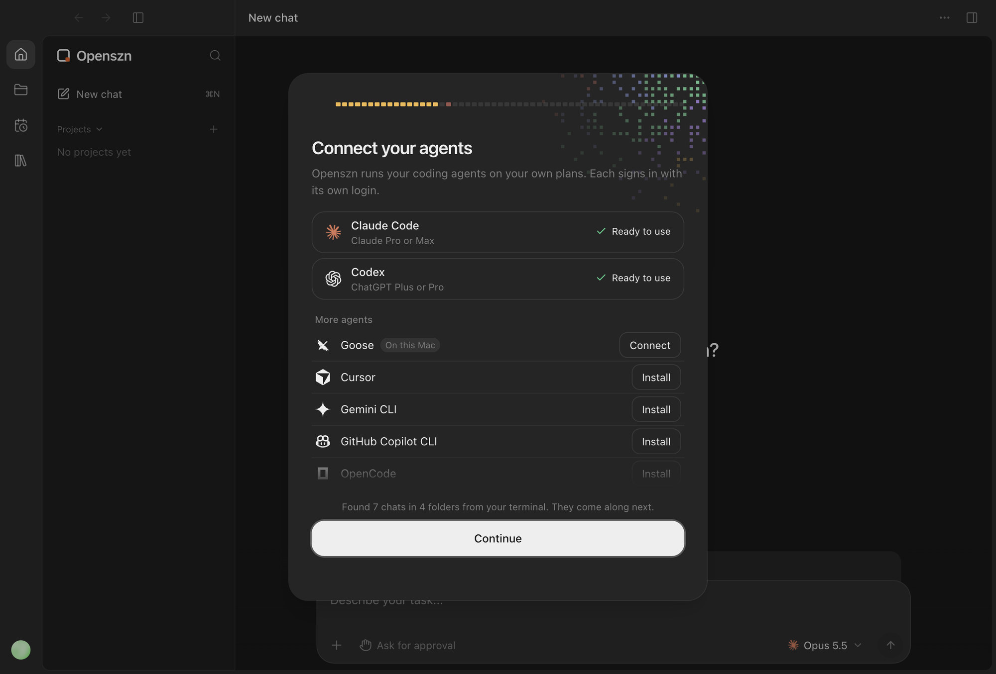 Onboarding step, Connect your agents, with Claude Code and Codex ready to use and more agents to connect