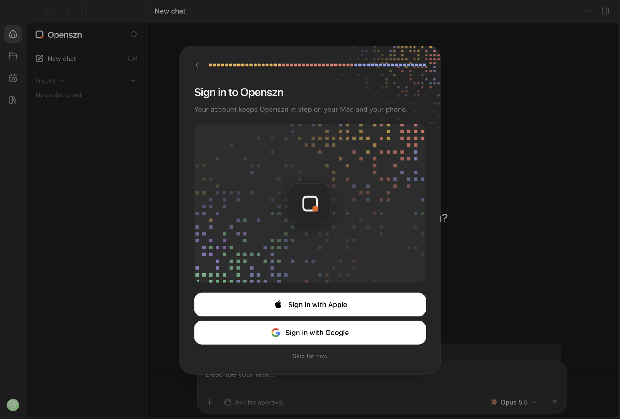 Onboarding step, Sign in to Openszn, with Sign in with Apple and Sign in with Google