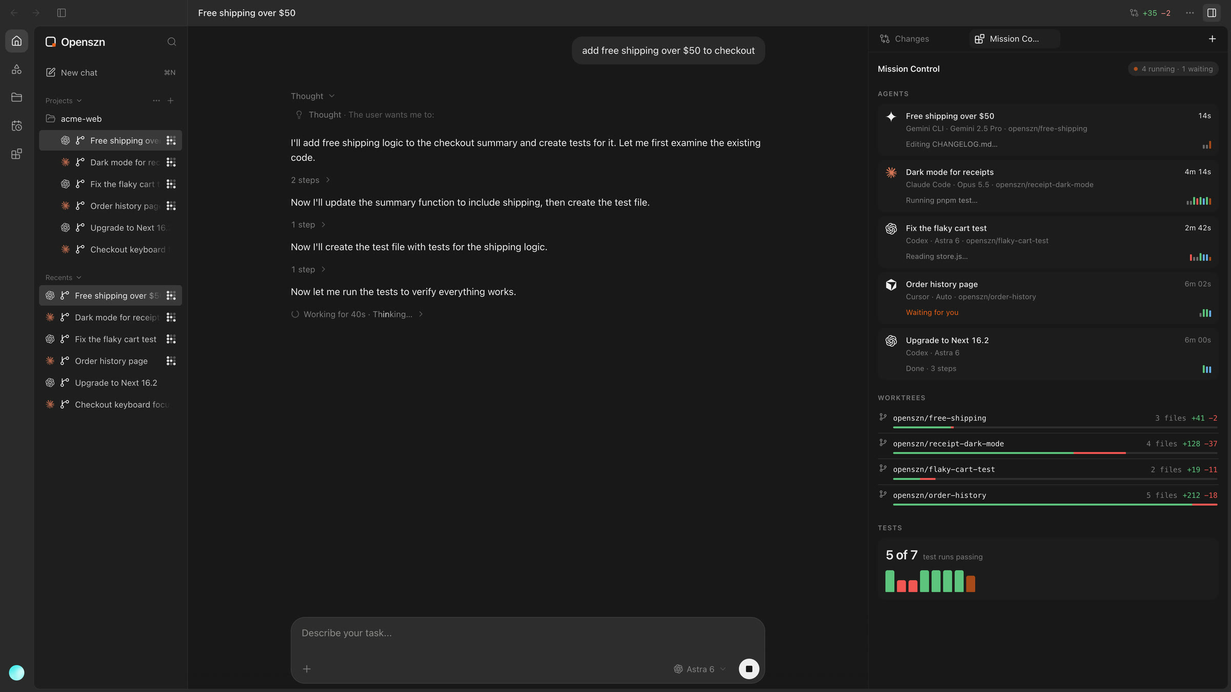 Mission Control in the side panel, listing running agents with their models, branches, current steps and times