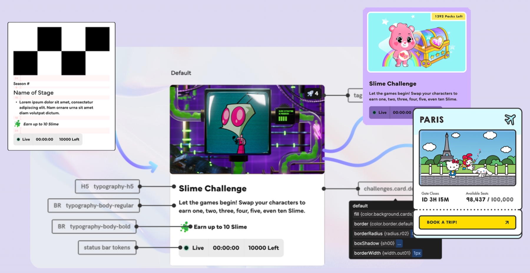 The Recur challenge card — component anatomy and brand variants