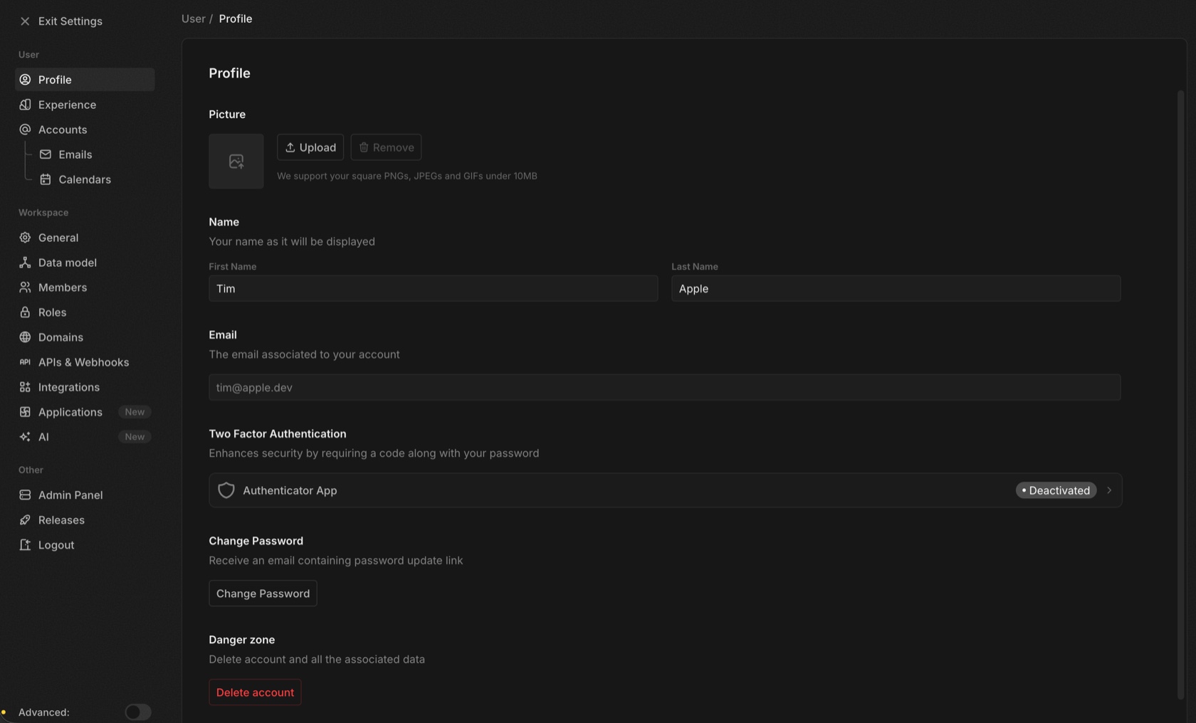 Workspace settings in Via