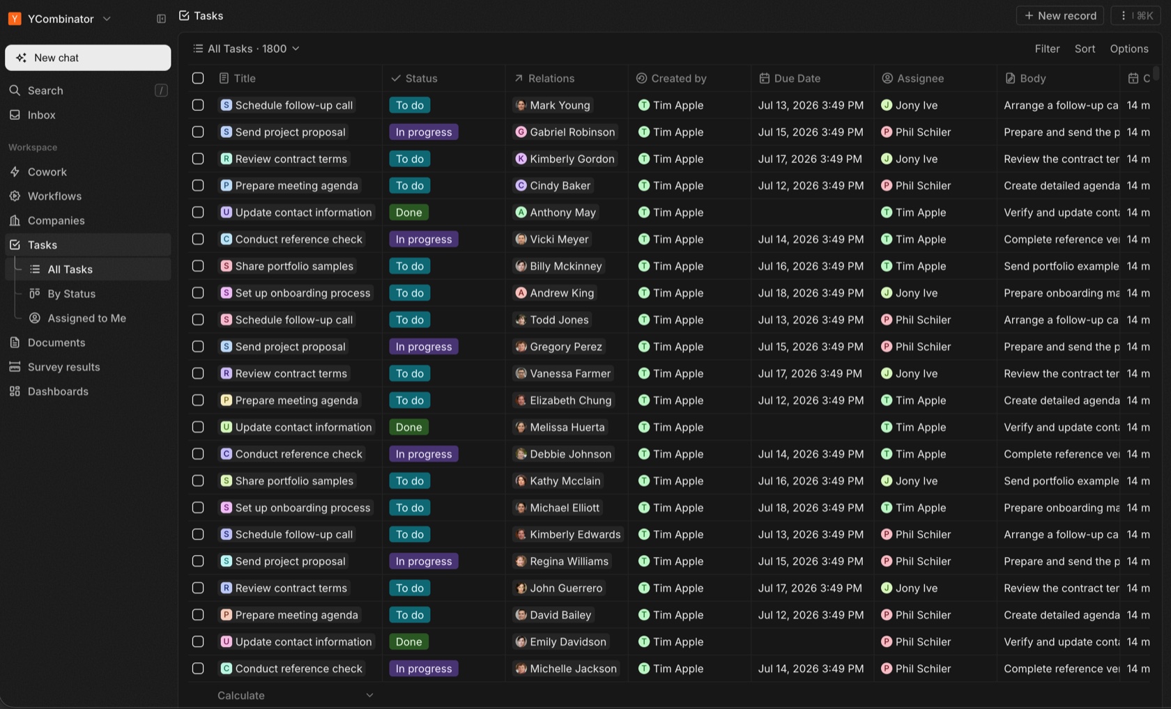 The tasks table in Via