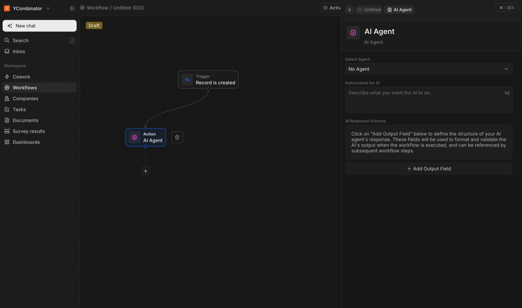 Via's visual workflow builder with an AI agent step