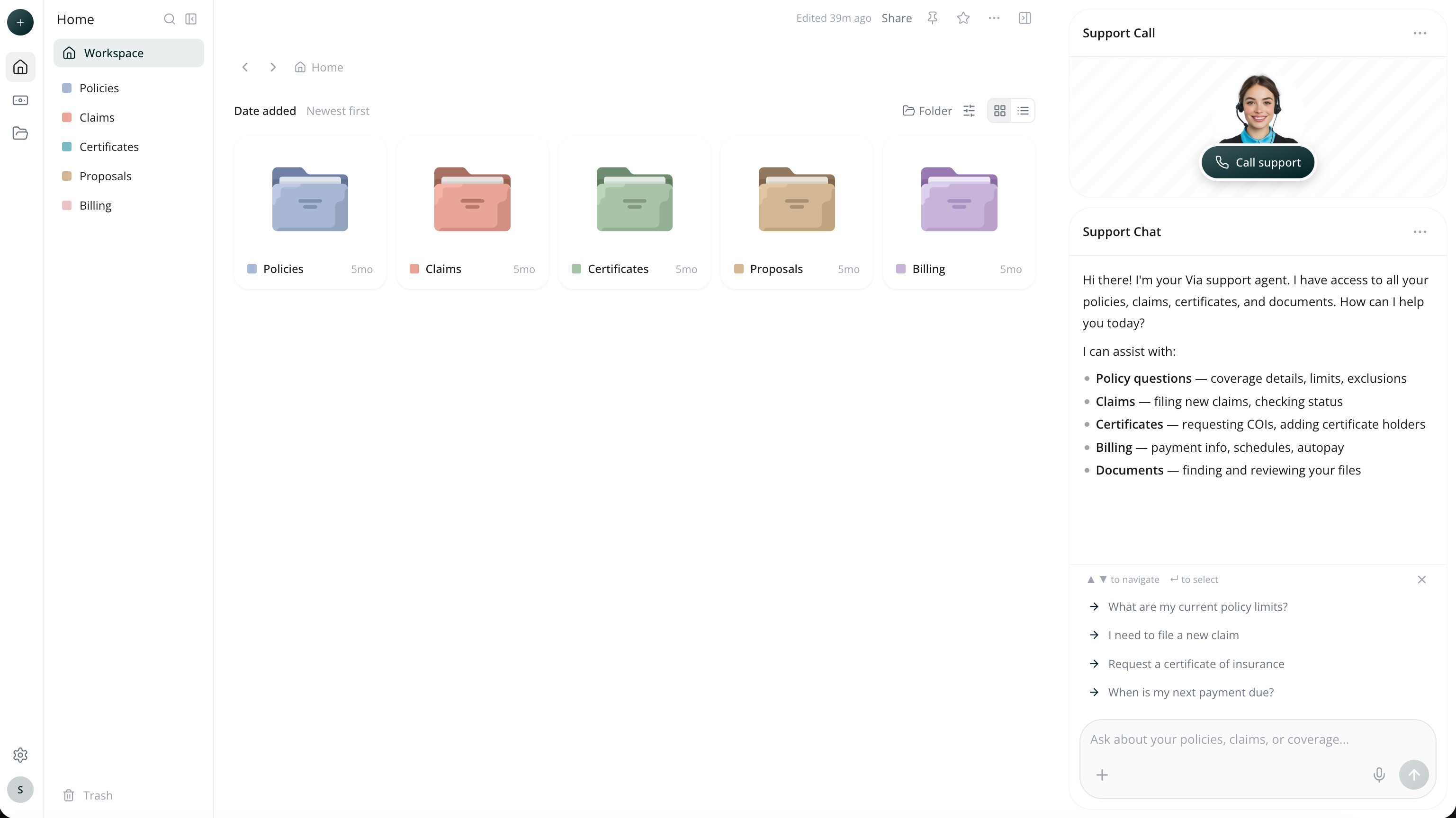 The Via Client Portal home - policies, claims, certificates, proposals, and billing, with a live AI support agent