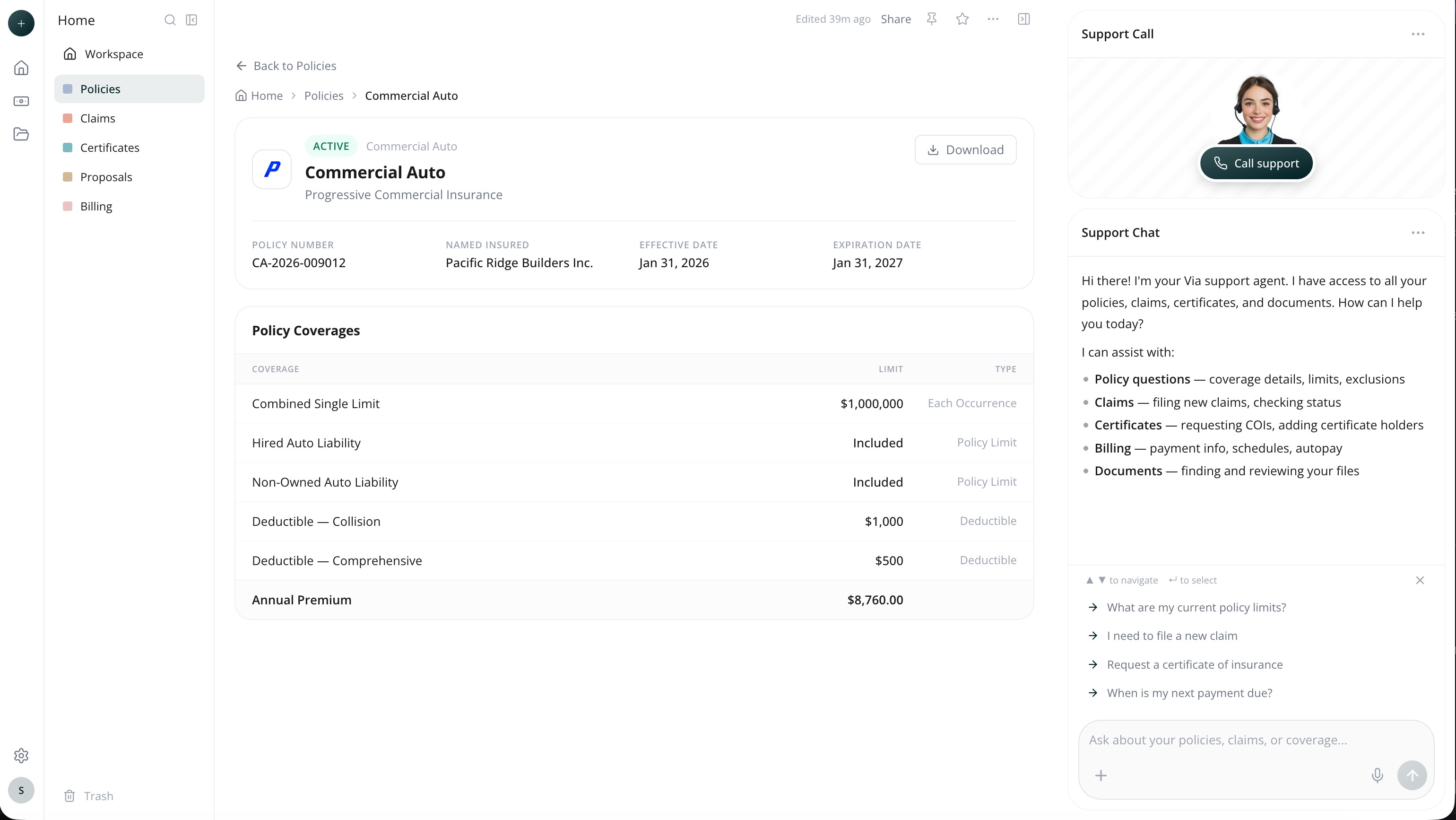 A Commercial Auto policy detail alongside the AI support agent
